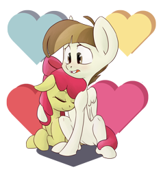 Size: 1200x1274 | Tagged: safe, artist:postscripting, apple bloom, featherweight, blushing, cross-eyed, cuddling, cute, eyes closed, featherbloom, female, floppy ears, hearts and hooves day, hug, male, neck nuzzle, nuzzling, open mouth, prone, shipping, sitting, smiling, snuggling, straight, valentine's day