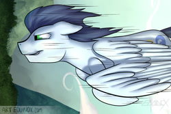 Size: 1280x853 | Tagged: safe, artist:noxy, derpibooru import, soarin', pegasus, pony, backwards cutie mark, diving, flying, solo, speed