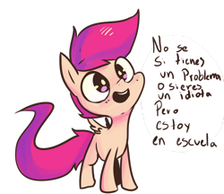 Size: 1280x1105 | Tagged: safe, derpibooru import, scootaloo, preguntascootaloo, simple background, solo, spanish, translated in the comments, transparent background