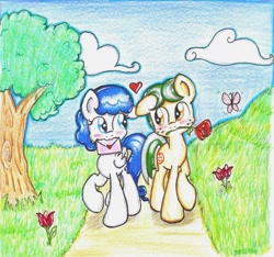 Size: 1359x1270 | Tagged: safe, artist:iluvvanellope, oc, oc only, oc:loofah, oc:rainy days, female, heart, hearts and hooves day, male, present, rose, shipping, straight, traditional art, valentine's day