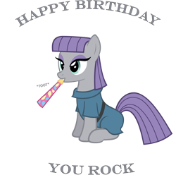 Size: 2566x2543 | Tagged: safe, artist:zacatron94, derpibooru import, maud pie, birthday card, high res, party horn, solo