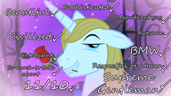 Size: 1280x720 | Tagged: safe, derpibooru import, prince blueblood, 10/10, bedroom eyes, bmw, clothes, elliot rodger, gentleman, rose, suit, supreme gentleman, telling lies, truth, unicorn master race