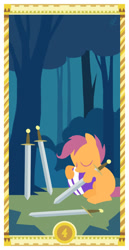 Size: 400x775 | Tagged: safe, artist:janeesper, derpibooru import, scootaloo, four of spades, four of swords, helmet, solo, sword, tarot card