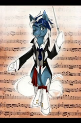 Size: 726x1099 | Tagged: safe, artist:anightlypony, derpibooru import, oc, oc only, oc:nightly, pony, semi-anthro, unicorn, baton, clothes, conductor's baton, hoof hold, maestro, music notes, sheet music, solo