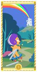 Size: 400x775 | Tagged: safe, artist:janeesper, derpibooru import, scootaloo, rainbow, solo, sword, tarot card, three of spades, three of swords