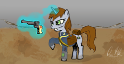 Size: 1864x960 | Tagged: safe, artist:inivonwini, derpibooru import, oc, oc only, oc:littlepip, pony, unicorn, fallout equestria, clothes, cutie mark, fanfic, fanfic art, female, glowing horn, gritted teeth, gun, handgun, hooves, horn, levitation, little macintosh, magic, mare, optical sight, pipbuck, raised hoof, revolver, saddle bag, solo, teeth, telekinesis, vault suit, wasteland, weapon