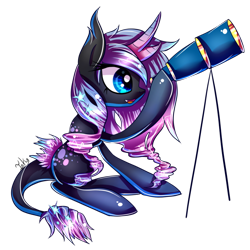 Size: 894x894 | Tagged: safe, artist:inky-pinkie, derpibooru import, oc, oc only, oc:stellar radiance, classical unicorn, leonine tail, solo, stargazing, telescope