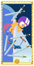 Size: 400x775 | Tagged: safe, artist:janeesper, derpibooru import, scootaloo, crash, scooter, seven of spades, seven of swords, solo, sword, tarot card