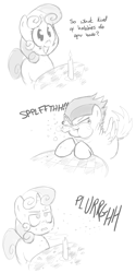 Size: 740x1485 | Tagged: safe, artist:shoutingisfun, rumble, sweetie belle, blushing, candle, comic, date, disgusted, monochrome