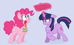 Size: 1122x679 | Tagged: safe, artist:shoutingisfun, derpibooru import, pinkie pie, twilight sparkle, earth pony, pony, eyes on the prize, floppy ears, food, frown, levitation, magic, open mouth, pizza, raised eyebrow, raised hoof, smiling, telekinesis, unamused, vulgar, wide eyes