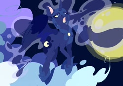 Size: 1000x700 | Tagged: safe, artist:emmenpett, derpibooru import, nightmare moon, flying, moon, open mouth, solo