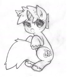 Size: 1448x1660 | Tagged: safe, artist:kakyou-dreams, derpibooru import, pony, unicorn, monochrome, sitting, sketch, solo, traditional art