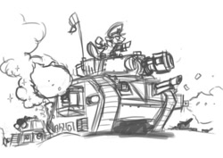Size: 500x353 | Tagged: safe, artist:sanity-x, derpibooru import, commissar, crossover, drive me closer, heavy bolter, imperial guard, lascannon, leman russ, leman russ demolisher, monochrome, ponified, tank (vehicle), warhammer (game), warhammer 40k