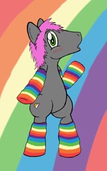 Size: 800x1280 | Tagged: safe, artist:wingcommanderrudoji, derpibooru import, oc, oc only, oc:contrail, earth pony, pony, clothes, rainbow, rainbow socks, socks, solo, striped socks