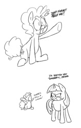 Size: 592x934 | Tagged: safe, artist:shoutingisfun, derpibooru import, pinkie pie, twilight sparkle, earth pony, pony, comic, monochrome