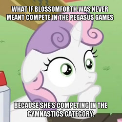 Size: 500x500 | Tagged: safe, edit, edited screencap, screencap, sweetie belle, pony, unicorn, ponyville confidential, rainbow falls, cropped, exploitable meme, female, filly, floppy ears, grammar error, hoof on chin, horn, image macro, implied blossomforth, meme, solo, sudden clarity sweetie belle, text, two toned mane, white coat, wide eyes