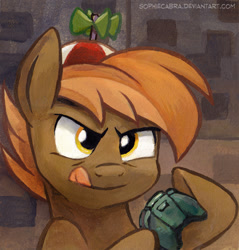 Size: 504x527 | Tagged: safe, artist:kenket, artist:spainfischer, derpibooru import, button mash, earth pony, pony, bust, colt, controller, foal, gaming, hat, hooves, male, portrait, propeller hat, solo, tongue out