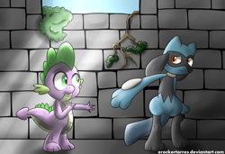 Size: 3500x2400 | Tagged: safe, artist:erockertorres, spike, dragon, crossover, pokémon, riolu