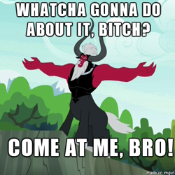 Size: 400x400 | Tagged: safe, derpibooru import, lord tirek, centaur, come at me bro, exploitable meme, horns, lord tirek's outstretched arms, male, meme, nose ring, open mouth, solo, text, tree, vulgar