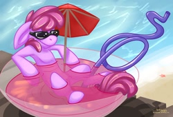 Size: 1084x737 | Tagged: safe, artist:yellowstumps, derpibooru import, berry punch, berryshine, punch (drink), punch bowl, solo, straw, sunglasses