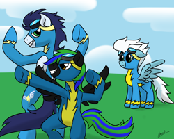 Size: 1280x1024 | Tagged: safe, artist:elzielai, derpibooru import, fleetfoot, soarin', oc, wonderbolts, wonderbolts uniform