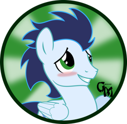 Size: 1024x1001 | Tagged: safe, artist:koonzypony, derpibooru import, soarin', blushing, button