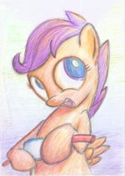 Size: 825x1163 | Tagged: safe, artist:aemantaslim, scootaloo, colored pencil drawing, scooter, solo, traditional art