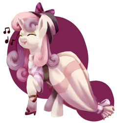 Size: 1253x1312 | Tagged: safe, artist:moonseeker, derpibooru import, sweetie belle, pony, unicorn, clothes, cute, diasweetes, dress, eyes closed, female, hat, mare, music notes, older, older sweetie belle, raised hoof, singing, solo