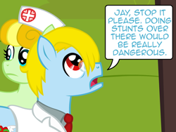 Size: 640x480 | Tagged: safe, artist:aha-mccoy, derpibooru import, oc, oc only, oc:nurse flankhurt, oc:tony starkehuf, earth pony, pony, clothes, doctor, female, glasses, lab coat, male, mare, necktie, nurse, speech bubble, stallion