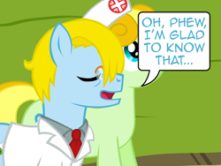 Size: 640x480 | Tagged: safe, artist:aha-mccoy, derpibooru import, oc, oc only, oc:nurse flankhurt, oc:tony starkehuf, clothes, doctor, glasses, lab coat, necktie, nurse, speech bubble