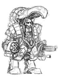 Size: 500x667 | Tagged: safe, artist:gordonfreeguy, oc, oc only, anthro, donkey, anthro oc, femdonk, flamethrower, gun, mech, military, monochrome, solo, soviet, weapon