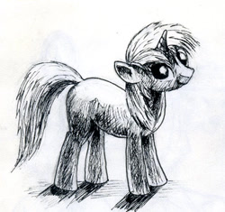 Size: 404x380 | Tagged: safe, artist:el-yeguero, derpibooru import, oc, oc only, pony, unicorn, looking at you, looking up, monochrome, smiling, solo, traditional art