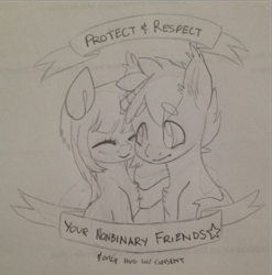 Size: 871x882 | Tagged: safe, artist:timid-arts, derpibooru import, oc, oc only, earth pony, pony, unicorn, ear fluff, monochrome, sketch, social justice, traditional art