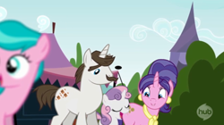 Size: 610x342 | Tagged: safe, screencap, aquamarine, cookie crumbles, hondo flanks, sweetie belle, inspiration manifestation, cookieflanks, father and child, father and daughter, female, hub logo, male, mother and child, mother and daughter, parent and child, rarity's parents, smiling