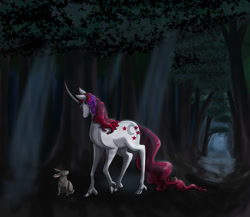 Size: 1050x911 | Tagged: safe, artist:ty-chou, moondancer (g1), classical unicorn, rabbit, g1, forest, leonine tail, solo