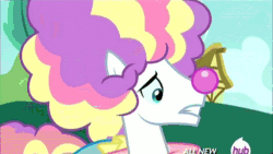 Size: 576x324 | Tagged: safe, screencap, savoir fare, pony, inspiration manifestation, 5-year-old, animated, banana peel (character), clown, filly, hat, hub logo, hubble, mint flower, party hat, the hub, transformation, waiter