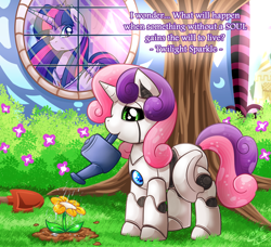 Size: 1500x1370 | Tagged: safe, artist:vavacung, sweetie belle, sweetie bot, twilight sparkle, twilight sparkle (alicorn), alicorn, pony, robot, robot pony, unicorn, comic:chaos future, cute, diasweetes, female, filly, flower, flowey in the comments, foal, golem, hooves, horn, machine, mare, plant, undertale, watering can, wings