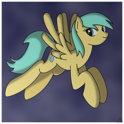 Size: 2501x2501 | Tagged: safe, artist:ravingspectrum, derpibooru import, sunshower raindrops, pegasus, pony, female, flying, looking at you, mare, simple background, smiling, solo, spread wings, wings