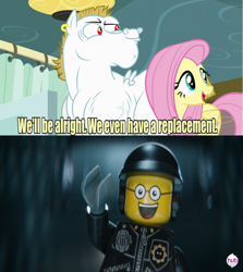 Size: 640x717 | Tagged: safe, bulk biceps, pegasus, pony, rainbow falls, blonde, blonde mane, blonde tail, blue eyes, curtain, ear piercing, exploitable meme, female, good cop bad cop, hub logo, lego, looking to side, looking to the right, male, mare, meme, open mouth, piercing, pink mane, pink tail, red eyes, replacement meme, smiling, spread wings, stallion, text, the lego movie, white coat, wings, yellow coat