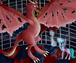 Size: 1303x1077 | Tagged: safe, artist:starshinefox, derpibooru import, oc, oc:ayrle, dragon, pony, unicorn, cage, crossover, dark souls 2, flag, guardian dragon, magic, staff