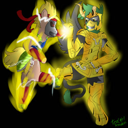 Size: 1000x1000 | Tagged: safe, artist:tezcatl-ayauhtli, oc, oc:tezcatl, earth pony, griffon, pony, armor, bardock, capricorn, crossover, dragon ball z, fight, saint seiya, saiyan, saiyan armor, super saiyan