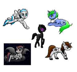 Size: 2209x2077 | Tagged: safe, artist:starshinefox, derpibooru import, oc, oc only, oc:dawn wing, oc:deadedge, oc:frost, oc:synth pulse, enderman, enderpony, request, requested art, sketch