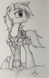 Size: 1596x2530 | Tagged: safe, artist:pajaga, derpibooru import, oc, oc only, oc:littlepip, pony, unicorn, fallout equestria, black and white, clothes, fanfic, fanfic art, female, grayscale, hooves, horn, mare, monochrome, pipbuck, solo, traditional art, vault suit