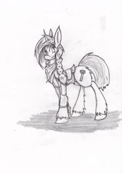 Size: 1280x1806 | Tagged: safe, artist:zubias, derpibooru import, oc, oc only, oc:sierra scorch, fallout equestria, monochrome, solo, stablequest, traditional art