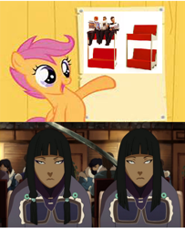 Size: 438x540 | Tagged: safe, scootaloo, crossover, desna, double decker couch, eska, lego, meme, obligatory pony, the legend of korra, the lego movie