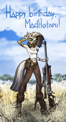 Size: 1750x3252 | Tagged: source needed, safe, artist:vombavr, derpibooru import, zecora, anthro, unguligrade anthro, zebra, alternate hairstyle, bipedal, birthday, clothes, female, gun, hoof boots, optical sight, rifle, sniper rifle, solo, text, weapon