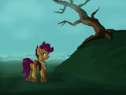 Size: 1980x1485 | Tagged: safe, artist:shikogo, derpibooru import, scootaloo, fog, neckerchief, saddle bag, solo, tree