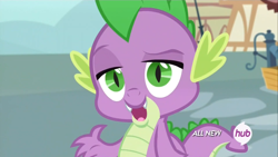 Size: 1440x810 | Tagged: safe, screencap, spike, dragon, inspiration manifestation, all new, dreamworks face, hub logo, solo, text