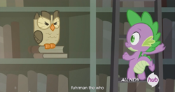 Size: 1439x762 | Tagged: safe, screencap, owlowiscious, spike, dragon, inspiration manifestation, hub logo, meme, youtube caption