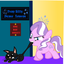 Size: 1014x1013 | Tagged: safe, artist:magerblutooth, derpibooru import, diamond tiara, oc, oc:dazzle, cat, animal abuse, tail bite